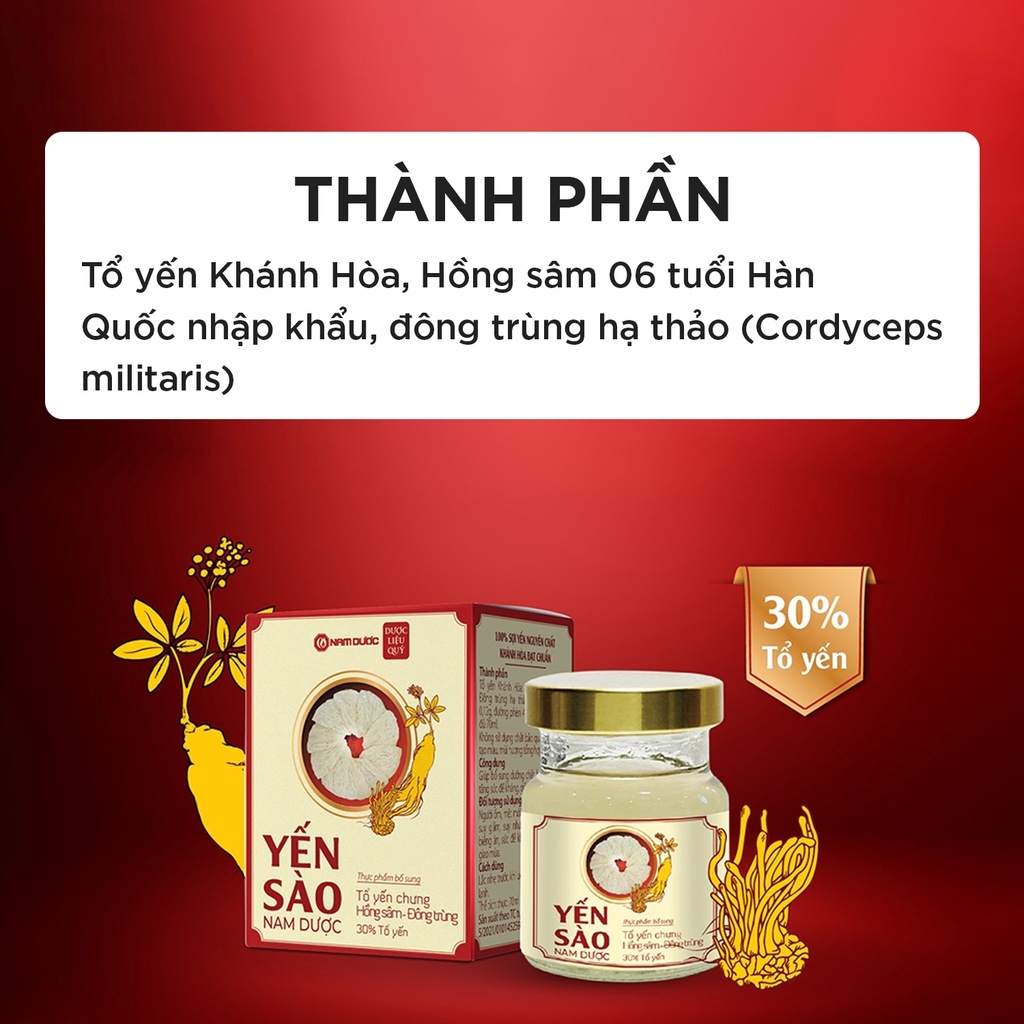 Set yến sào Nam Dược 6 lọ x 70ml tổ yến chưng hồng sâm,đông trùng bổ sung dưỡng chất,bồi bổ sức khỏe,tăng sức đề kháng