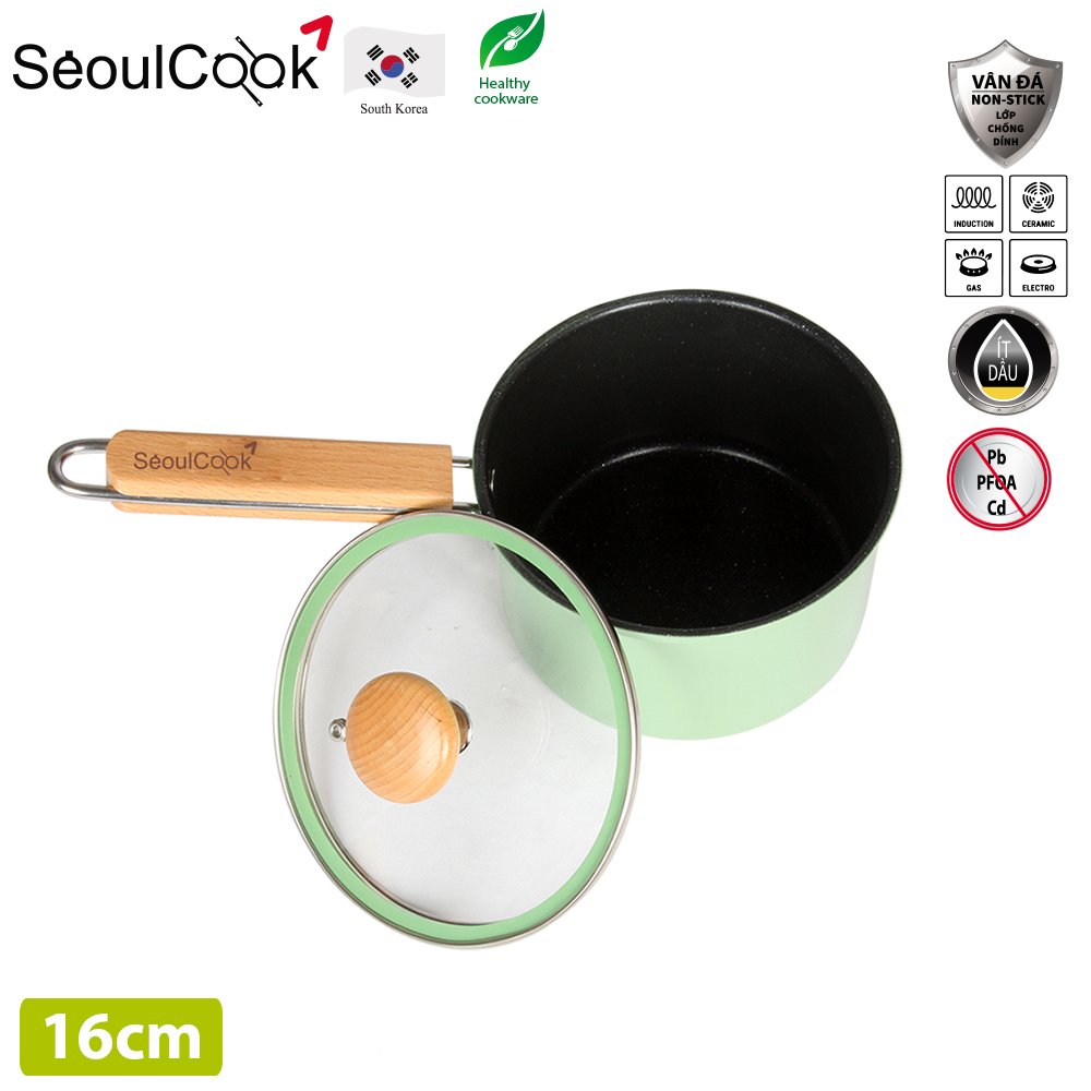 Seoulcook Luxury – Nồi quánh 16cm đáy từ / Induction cao cấp Hàn Quốc, chống dính vân đá an toàn cho sức khỏe, dùng được tất cả các loại bếp 