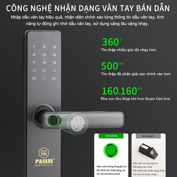 Khóa điện tử thông minh khóa vân tay cửa gỗ PASINI PS01VG50 - Thân khóa tự động, 5 cách mở cửa, mở khoá vân tay - Hàng Chính hãng