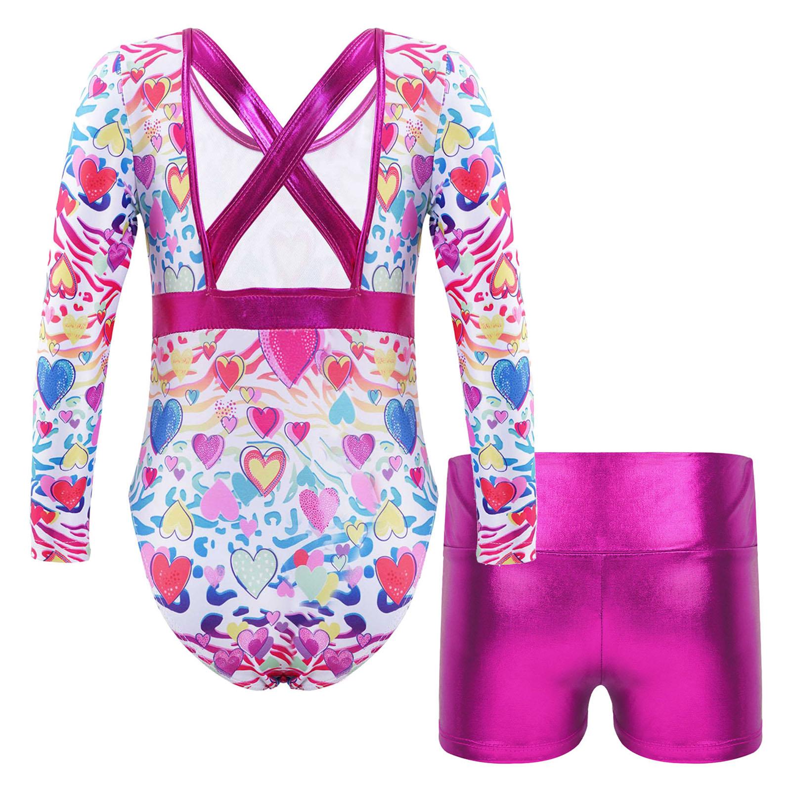 Trẻ em nữ dài tay áo in leotard kim loại quần short cho tập luyện múa ba lê trang phục khiêu vũ trẻ em Jumpsuit Color: Purple Size: 14