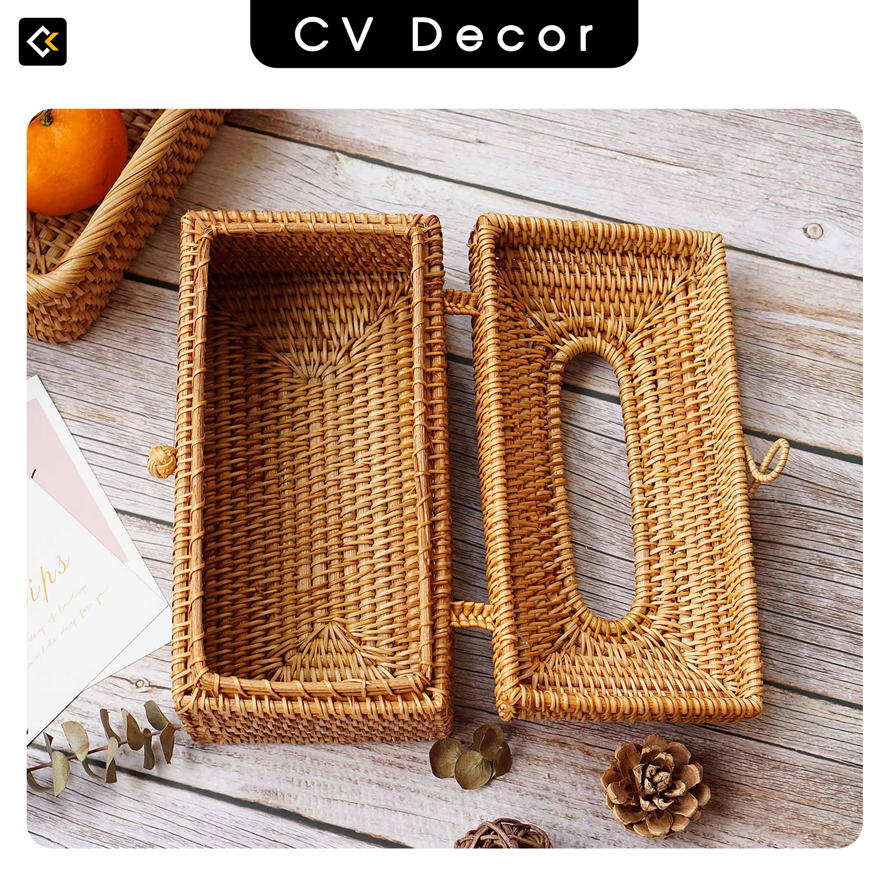 Hộp Đựng Giấy Chữ Nhật CV DECOR Chất Liệu Mây Tự Nhiên - Hàng Việt Nam Xuất Khẩu