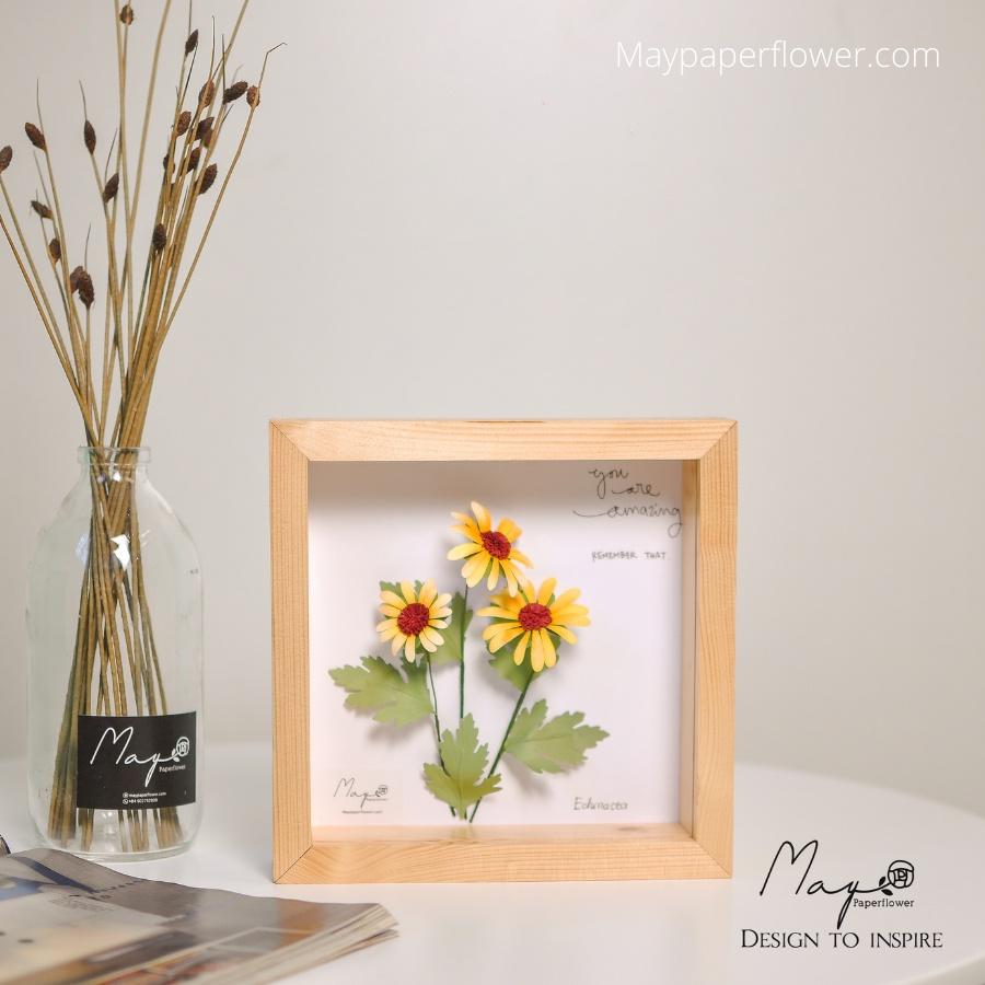 Tranh Hoa Giấy Handmade Trang Trí - Cúc Mỹ Echinacea Vàng MAYPAPERFLOWER Khung Gỗ Size 19x19cm