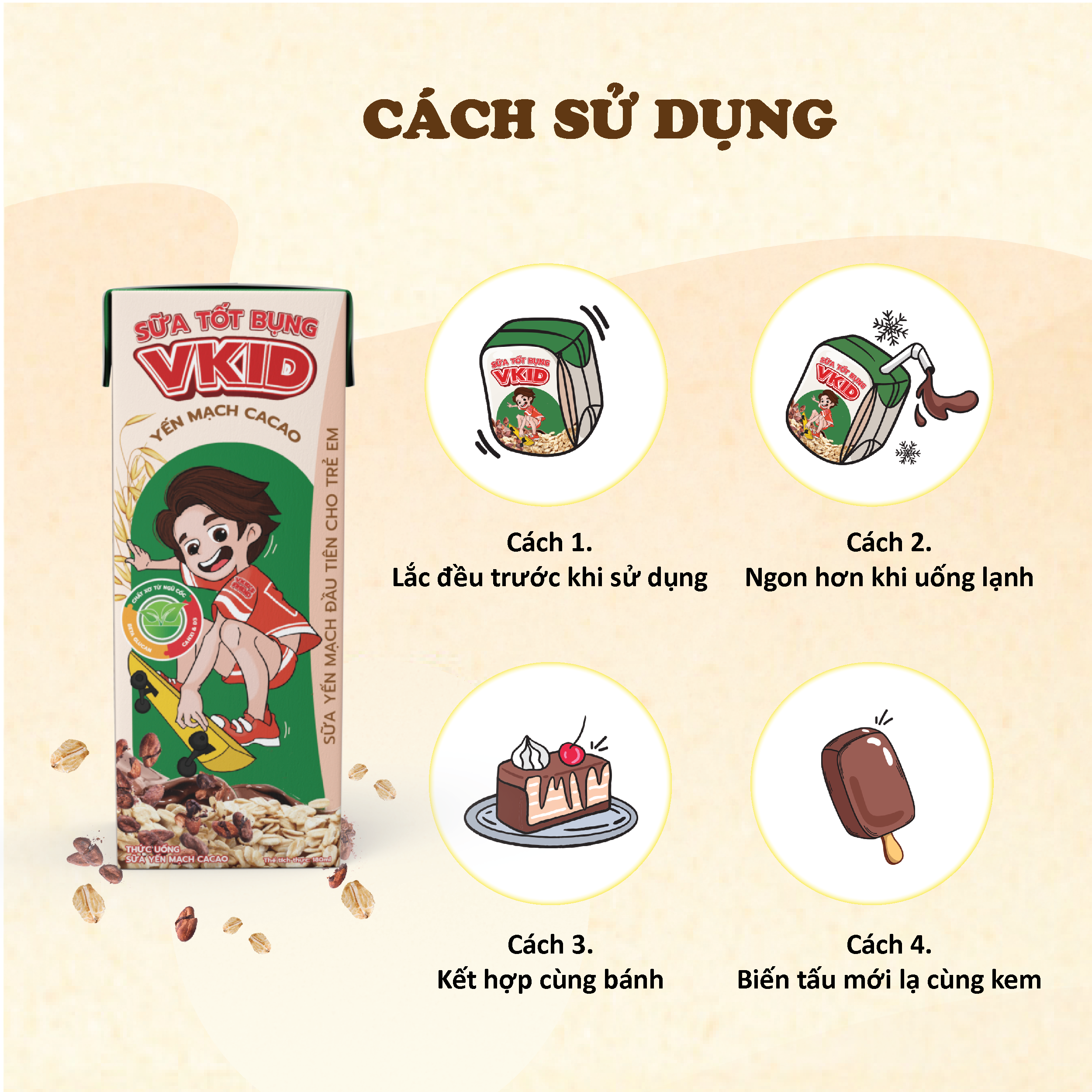 Lốc 4 Hộp Sữa Yến Mạch Vkid VIỆT NGŨ CỐC Cho Bé Thơm Ngon Hương Vị Cacao 180ml/Hộp
