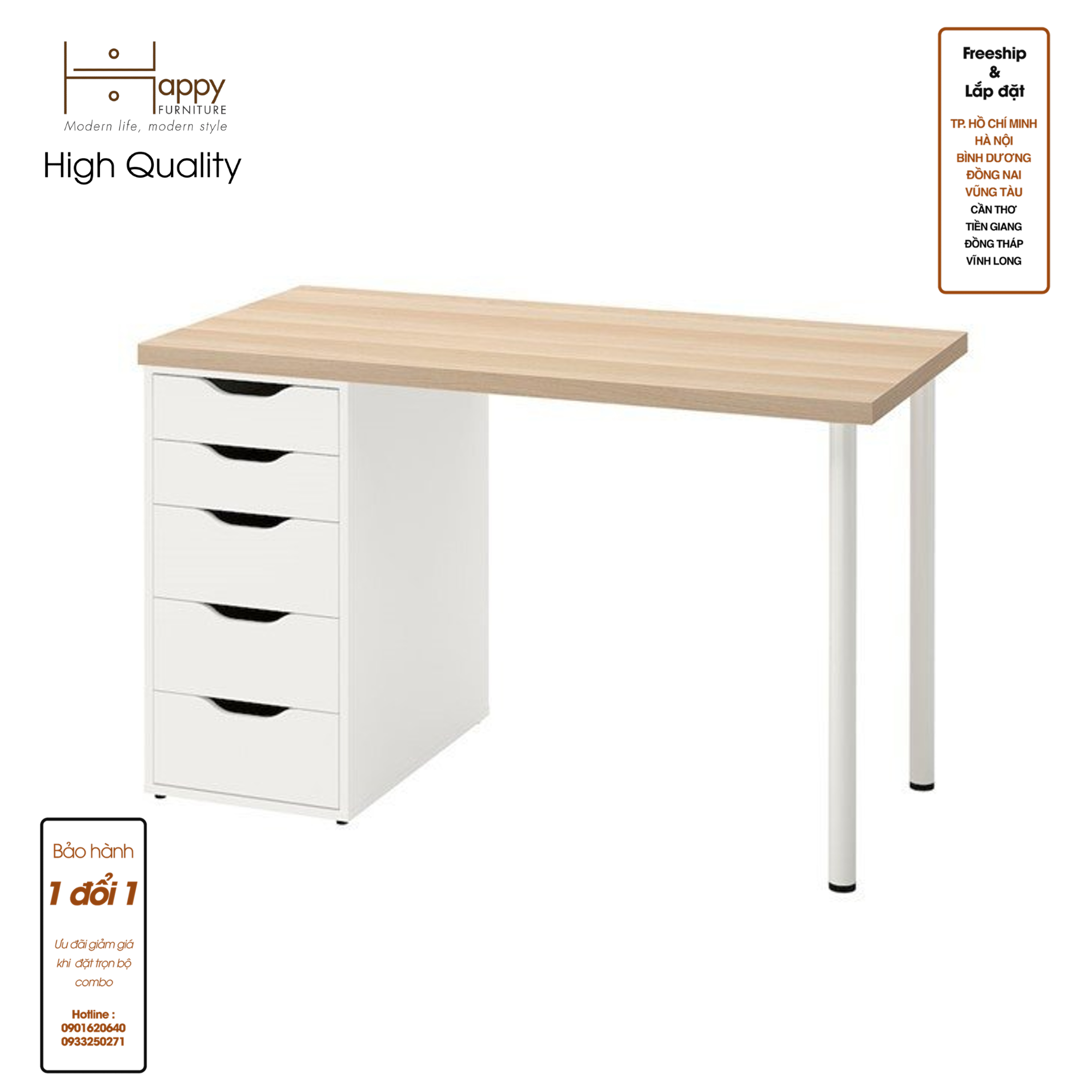 [Happy Home Furniture] LIDA, Bàn làm việc chân sắt - 1 bên ngăn tủ, BAN_020, BAN_021, BAN_022,BAN_023