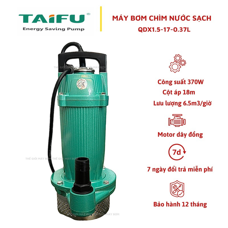 Máy bơm chìm đẩy cao 370W (0.5HP) Thân nhôm sơn tĩnh điện, không ngâm dầu TAIFU QDX1.5-17-0.37L - Bảo hành 1 năm