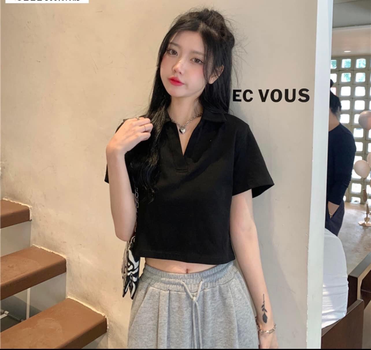 Áo phông croptop cổ trụ cotton 4 chiều