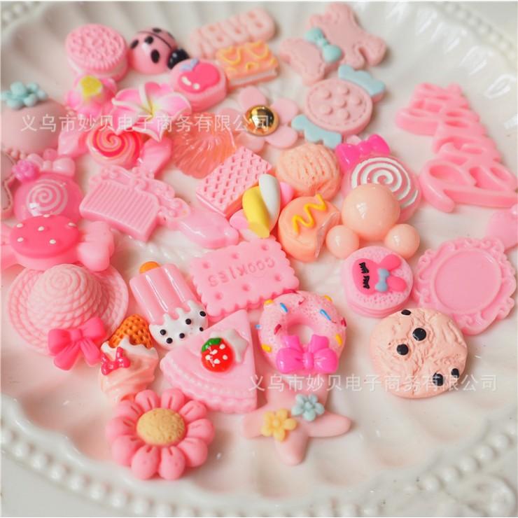 *HN* Túi 30 charm mô hình bánh kẹo, vật dụng màu hồng cho các bạn làm trang trí vỏ điện thoại, kẹp tóc, DIY