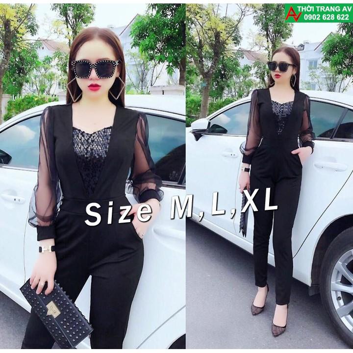 Jumpsuit - Đồ bay dài đính kim sa trước ngực tay dài phối lưới - AV6225