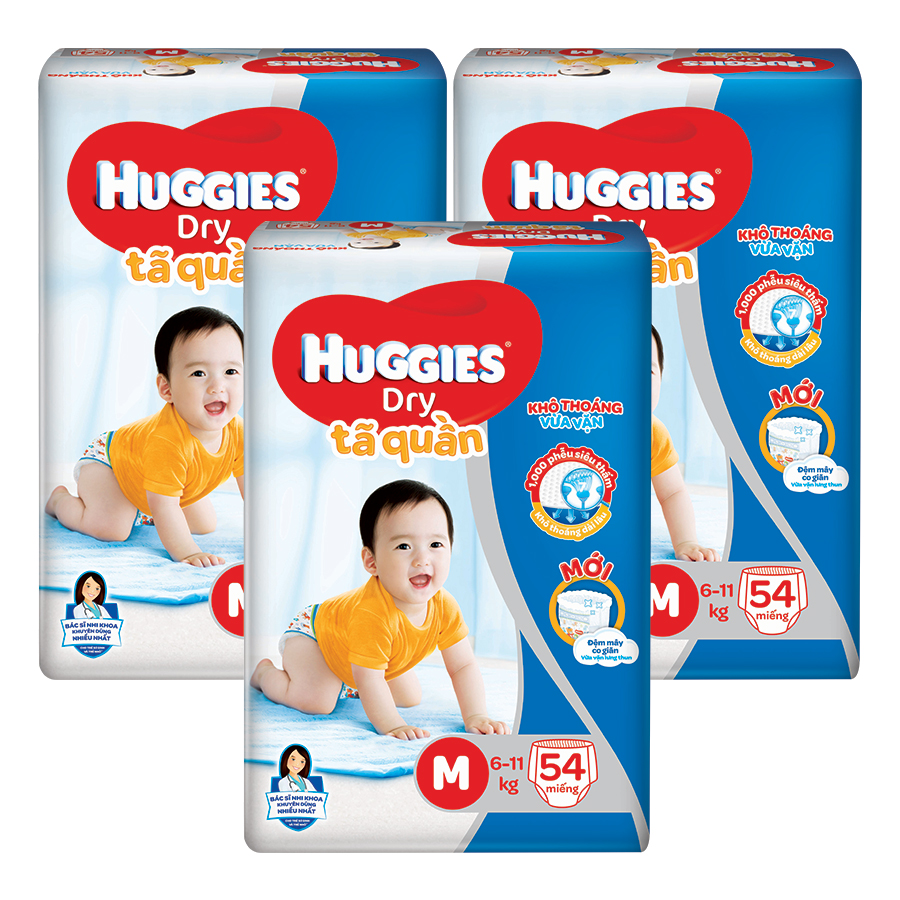 Combo 3 Gói Tã Quần Huggies Dry Gói Đại M54 (54 Miếng) - Bao Bì Mới