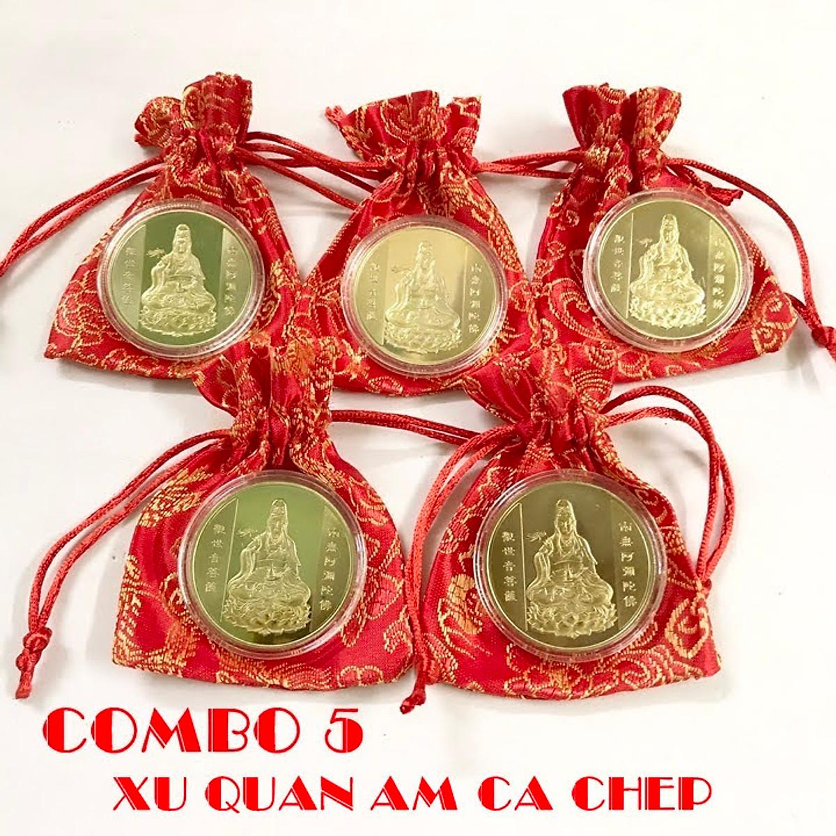 Combo 5 xu Quan Âm màu vàng Cá Chép tặng kèm túi gấm (giao màu ngẫu nhiên), dùng để làm quà tặng, biếu - ECOINS