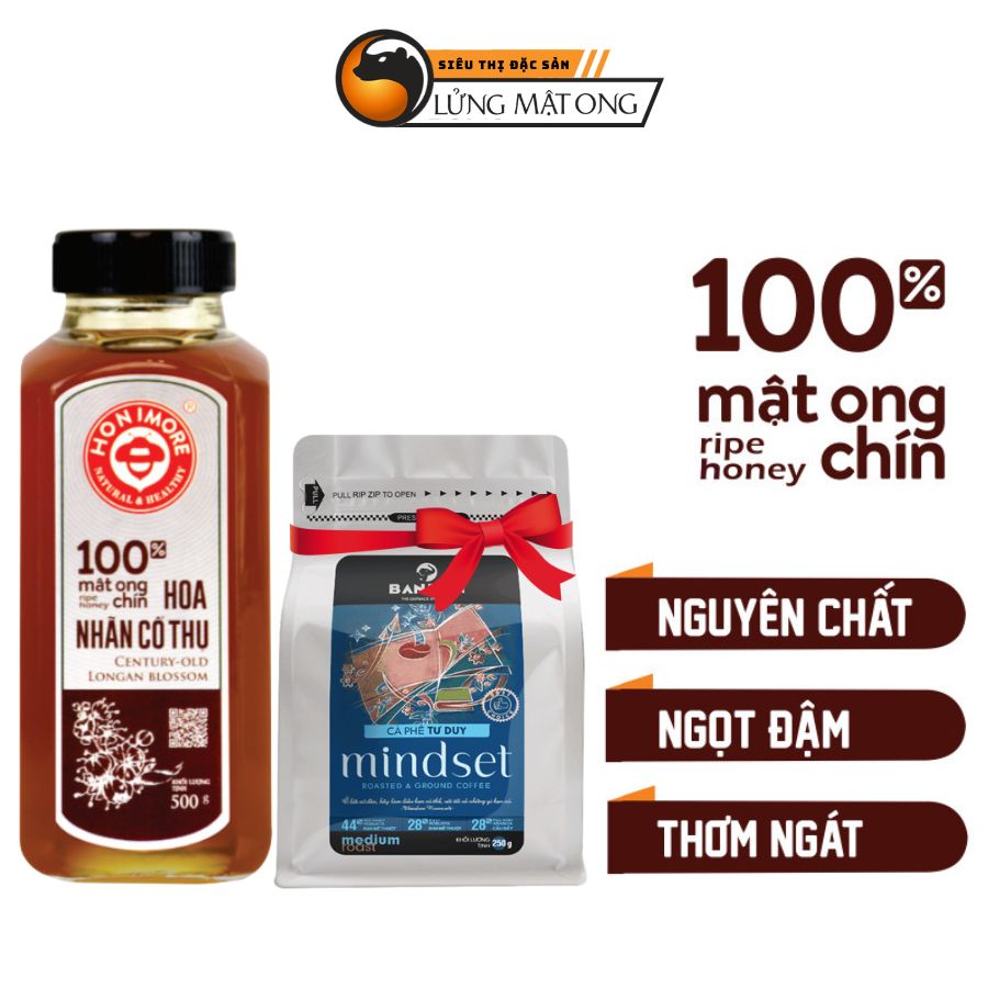Mật ong chín Honimore Hoa Nhãn Cổ Thụ 5000g + Cà phê rang xay nguyên chất mộc sạch Bandon Mindset 250g
