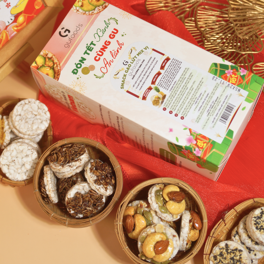 Snack gạo lứt healthy mix tứ vị GUfoods - Hội tụ 4 vị snack ngon, Nạp nhanh năng lượng, Tiện lợi, Eat clean, Thuần chay