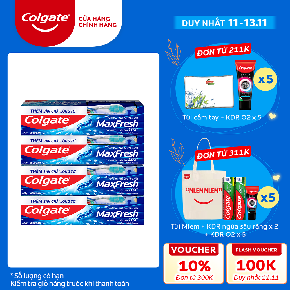 Bộ 4 Kem đánh răng Colgate bạc hà the mát Maxfresh 225g/tuýp tặng bàn chải đánh răng lông mềm