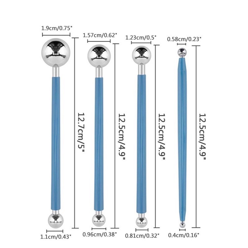 Bộ dụng cụ tạo hình đất sét fondant kim loại 4 que đầu bi