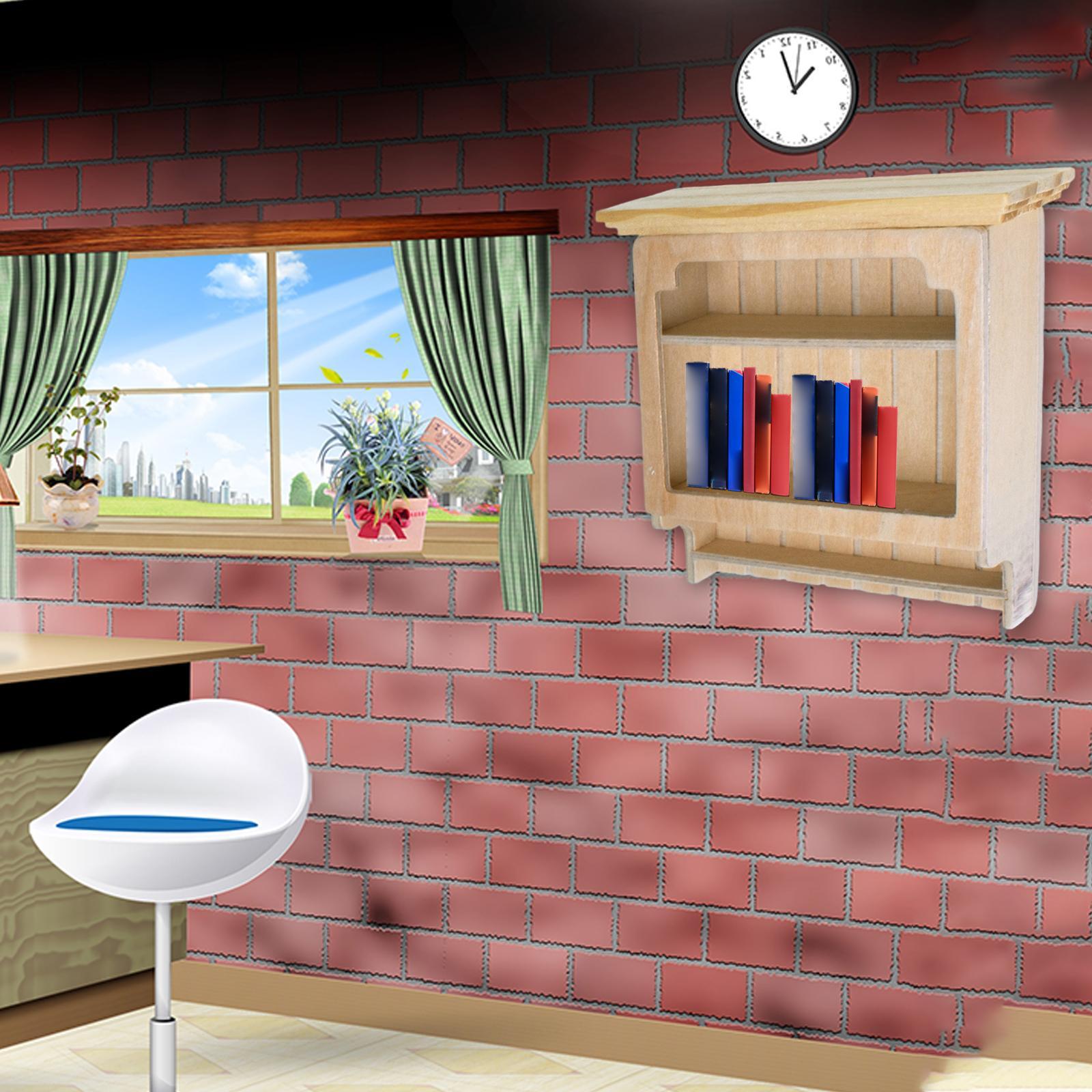 Wooden Bookshelf Dollhouse Living Room Mini 1:12 Wall Hanging Cabinet Decoration