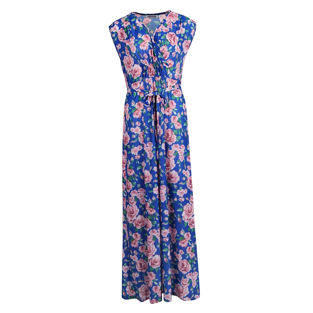 Women's V Neck Sleeveless Stretchy Wrap Waist Floral Boho Maxi Beach Party Dresses