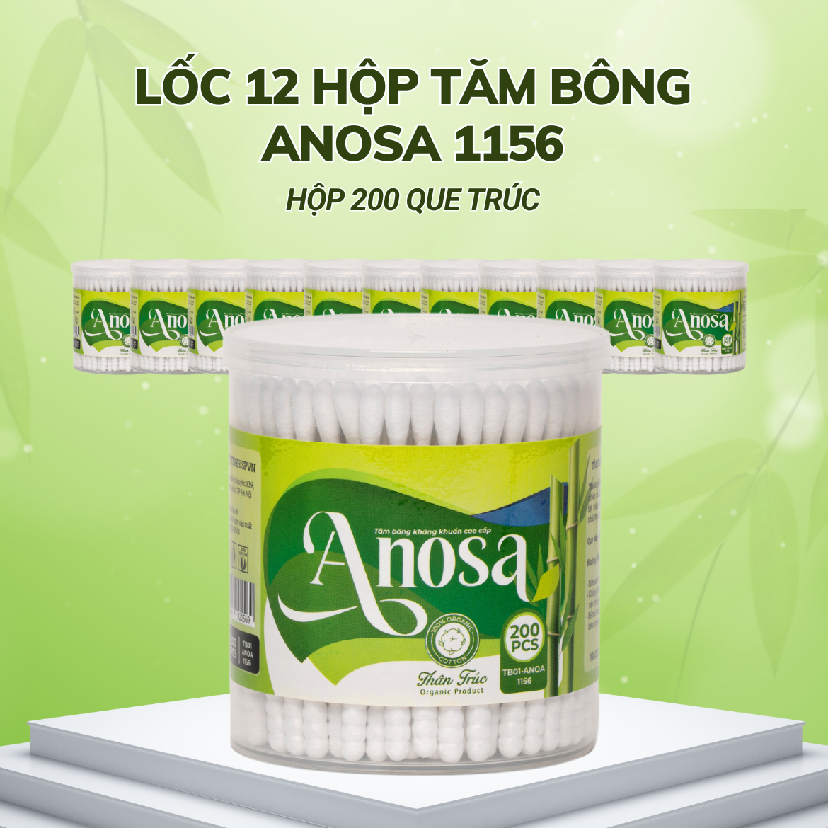 Lốc 12 hộp Tăm bông Anosa người lớn thân trúc hộp 200 que TB01-1156