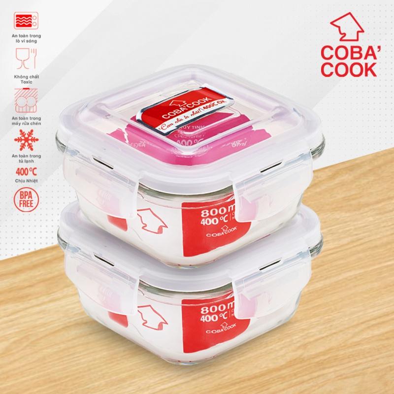 Bộ 2 hộp thủy tinh đựng thực phẩm chịu nhiệt COBACOOK hình vuông dung tích lớn 800ml- CCS82