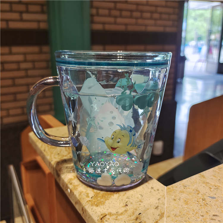 Ly quai cầm tay 2 lớp nhũ nước kim tuyến trong suốt hình nàng tiên cá Ariel Princess màu xanh lá siêu cute cho bé gái 260ml - 118VNDP2503