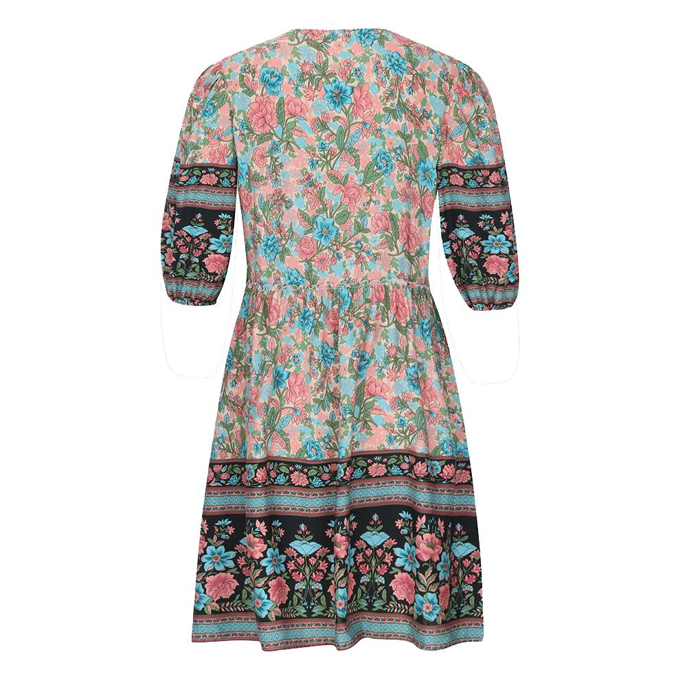 Women Ruffle Floral Flowy Boho Dress Half Sleeves V-Neck Holiday Summer Beach Dress Blue L