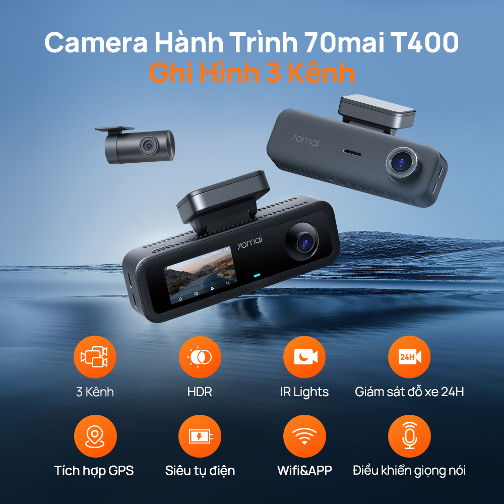 Camera hành trình ô tô 70mai T400 ghi hình 3 mắt (Trước - Trong - Sau) có tích hợp GPS, giám sát toàn diện cho xe dịch vụ, xe gia đình - Hàng chính hãng