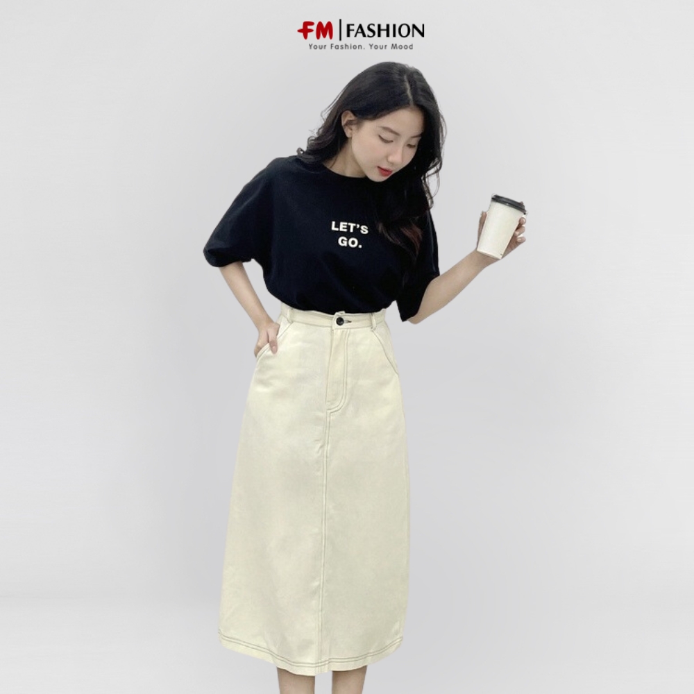 Chân váy kaki nữ FM Style dài qua gối midi thiết kế phối chỉ viền nổi xẻ tà sau phong cách Hàn Quốc 207290040