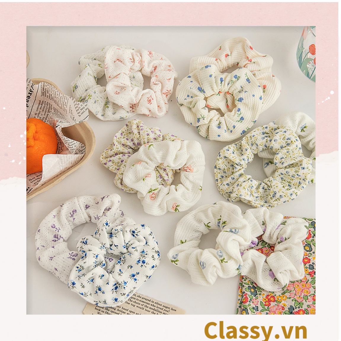 Scrunchies buộc tóc họa tiết hoa nhí vintage, nữ tính thanh lịch PK711