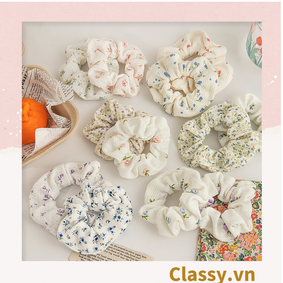 Scrunchies buộc tóc họa tiết  hoa nhí vintage, nữ tính thanh lịch PK711