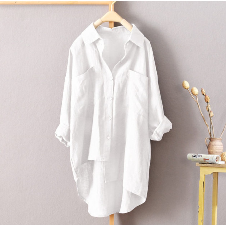 Áo sơ mi nữ phom rộng dài tay, chất liệu Đũi tơ mềm mịn, sơ mi nữ kiểu tà lệch NeSa Shop SMH.31