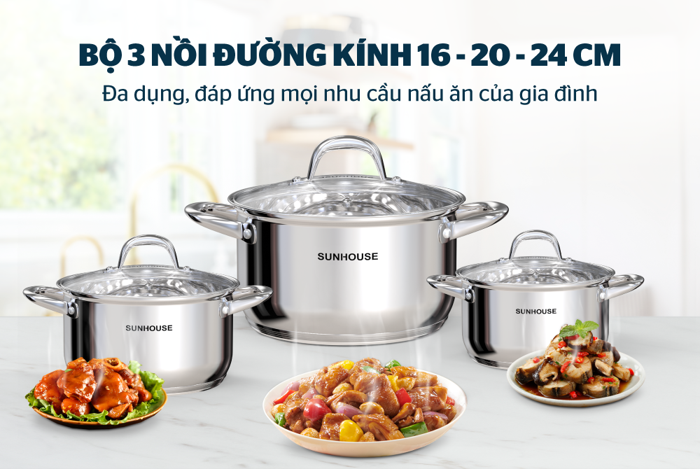 Bộ Nồi Inox 5 Đáy SUNHOUSE SHG517 - Hàng Chính Hãng