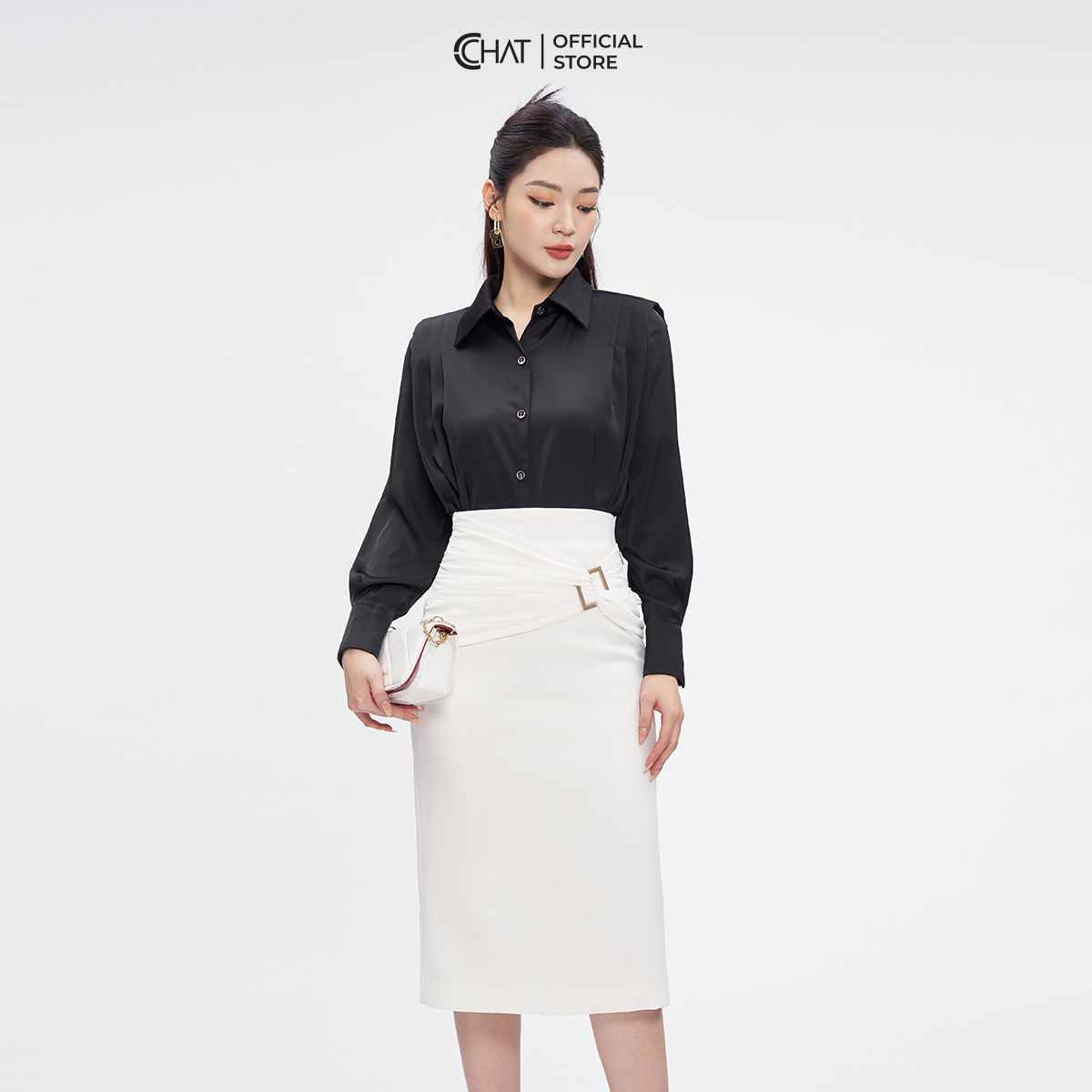 Áo Sơ Mi Nữ  Kiểu Cutout Trang Trí Dây Chất Lụa Cao Cấp Mềm Mịn 53FDL2003ST