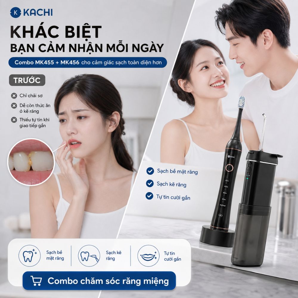 COMBO chăm sóc răng miệng toàn diện Kachi bàn chải điện làm sạch bề mặt răng + tăm nước làm sạch kẽ răng - hàng chính hãng