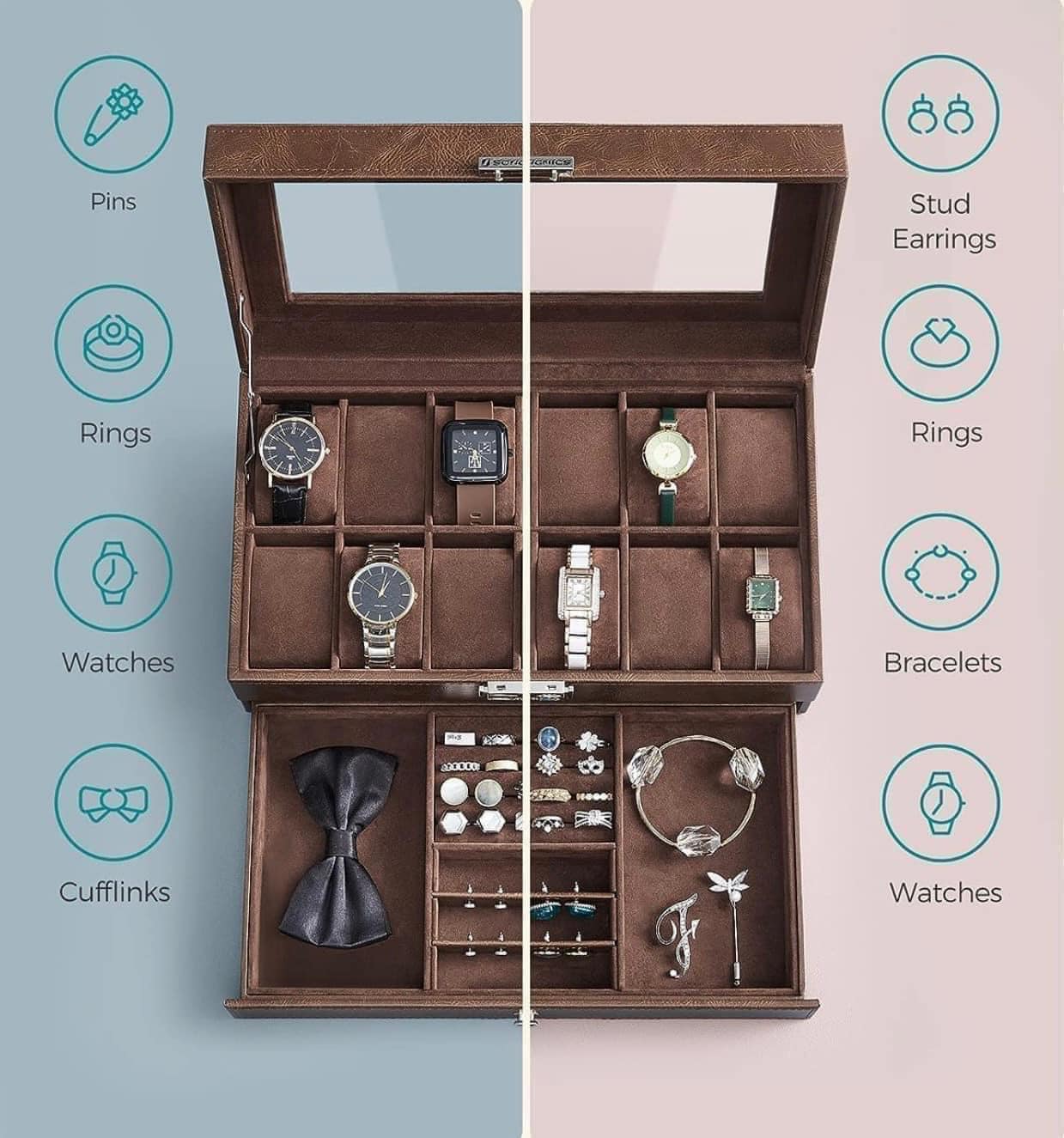 Hộp đựng đồng hồ da Songmics 2 tầng - Đẳng cấp châu Âu Hàng Chính Hãng