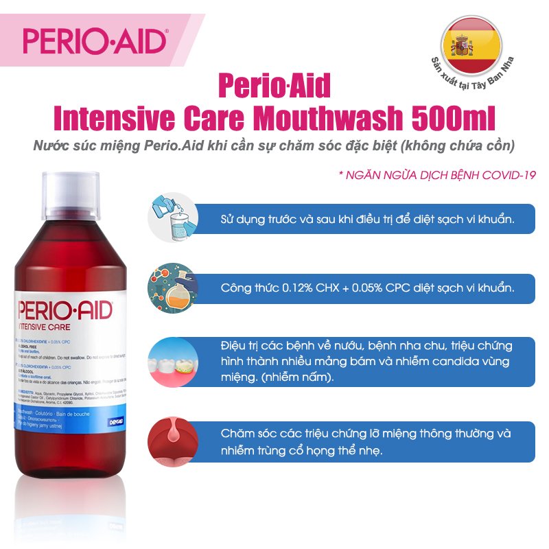 Nước súc miệng ngăn mảng bám, chống viêm Perio.Aid Intensive Care 500ml