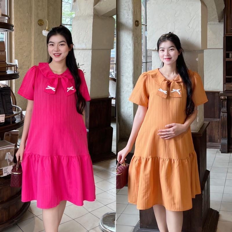 Đầm Bầu Phom Đuôi Cá Phối Cổ Thắt Nơ Chất Xốp Hàn, Nhẹ Mát, Dễ Chịu - Hồng