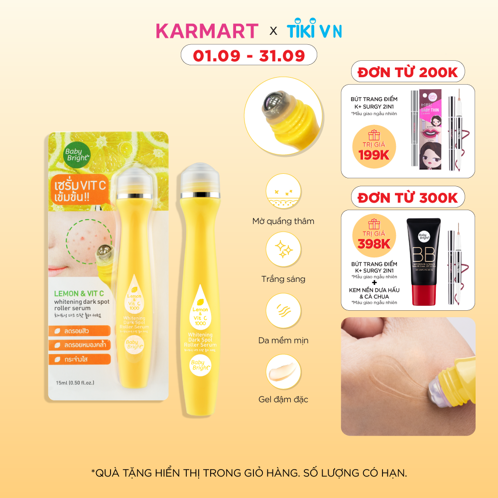 Cây Lăn Trị Thâm Mụn Baby Bright Lemon &amp; Vitc Whitening Dark Spot Roller Serum (15ml)