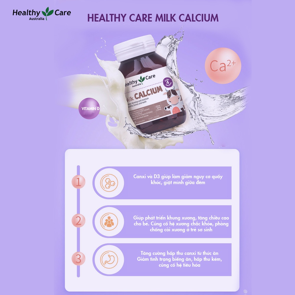 Canxi cho bé Healthy Care Kids Milk Calcium Úc, Hỗ trợ tăng trưởng chiều cao, hệ thống xương, răng, bé ngủ ngon không trằn trọc ban đêm - QuaTangMe Extaste