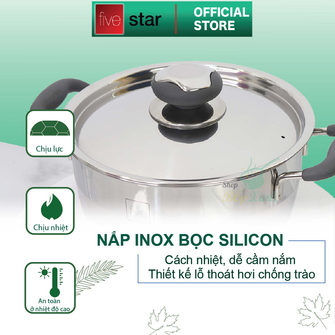 Nồi 3 đáy inox 430 Fivestar Standard quai silicon chống nóng nắp inox-sử dụng bếp từ-tặng 2 vá canh 24cm