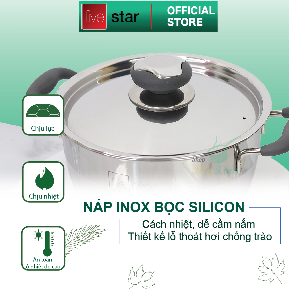 Bộ nồi chảo chống dính bếp từ 3 đáy inox 430 Thân Cool Fivestar Standard quai silicon chống nóng nắp inox , tặng 1 vá canh