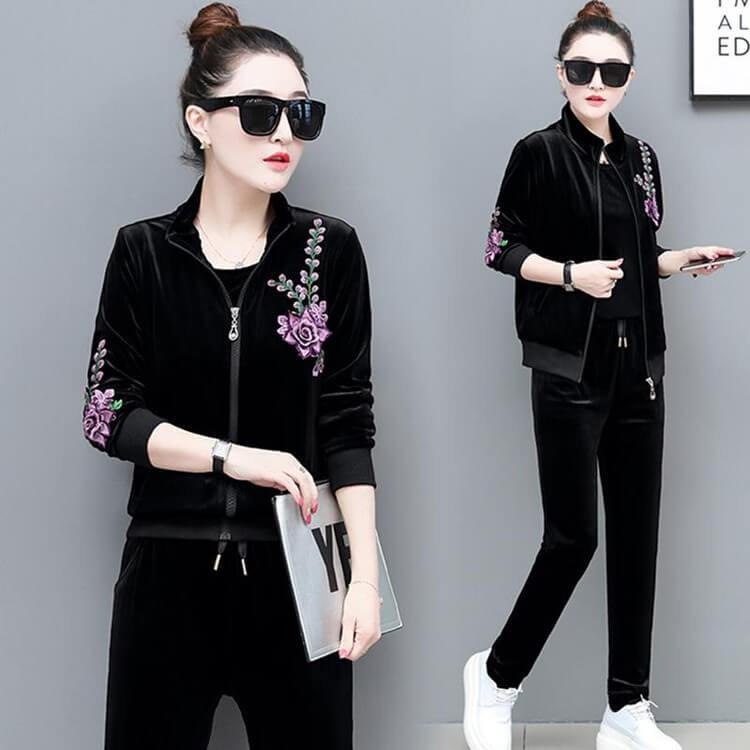 Set Đồ Bộ Thu Đông Thêu Hoa - Chất liệu : Nhung cao cấp - Màu sắc : Đen, Đỏ đô - Kích cỡ : M, L, XL, XXL