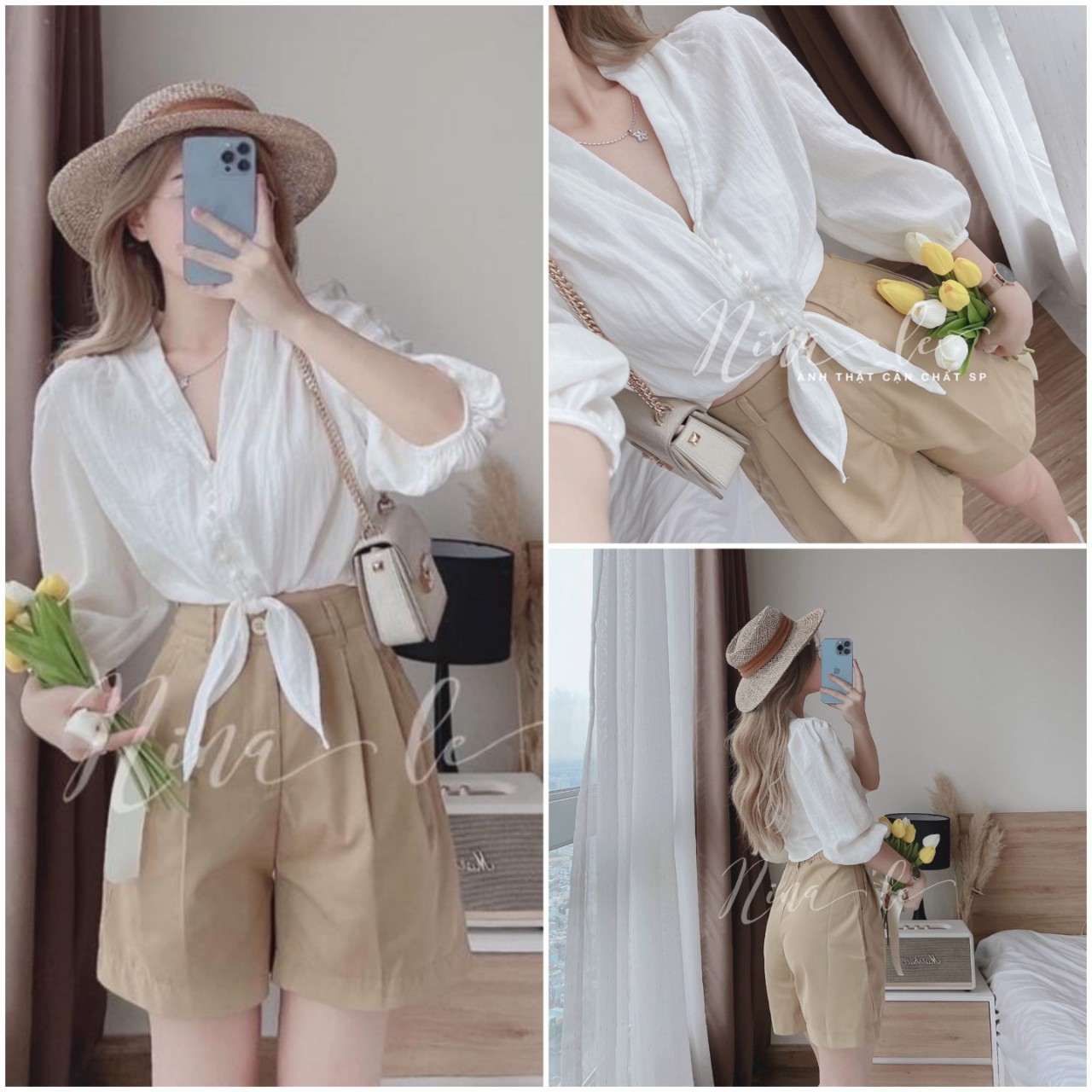 Set bộ đồ nữ đi biển áo croptop buộc nơ eo kèm quần short sang chảnh