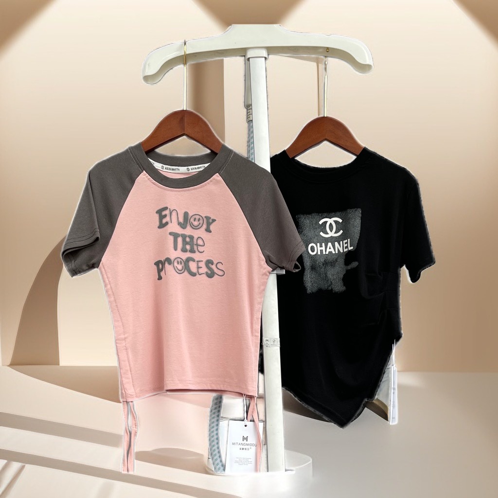 Áo thun bé gái cộc tay size đại 5-10 tuổi in chữ Enjoy và logo vải cotton co giãn thấm hút mồ hôi kiểu dáng thời trang