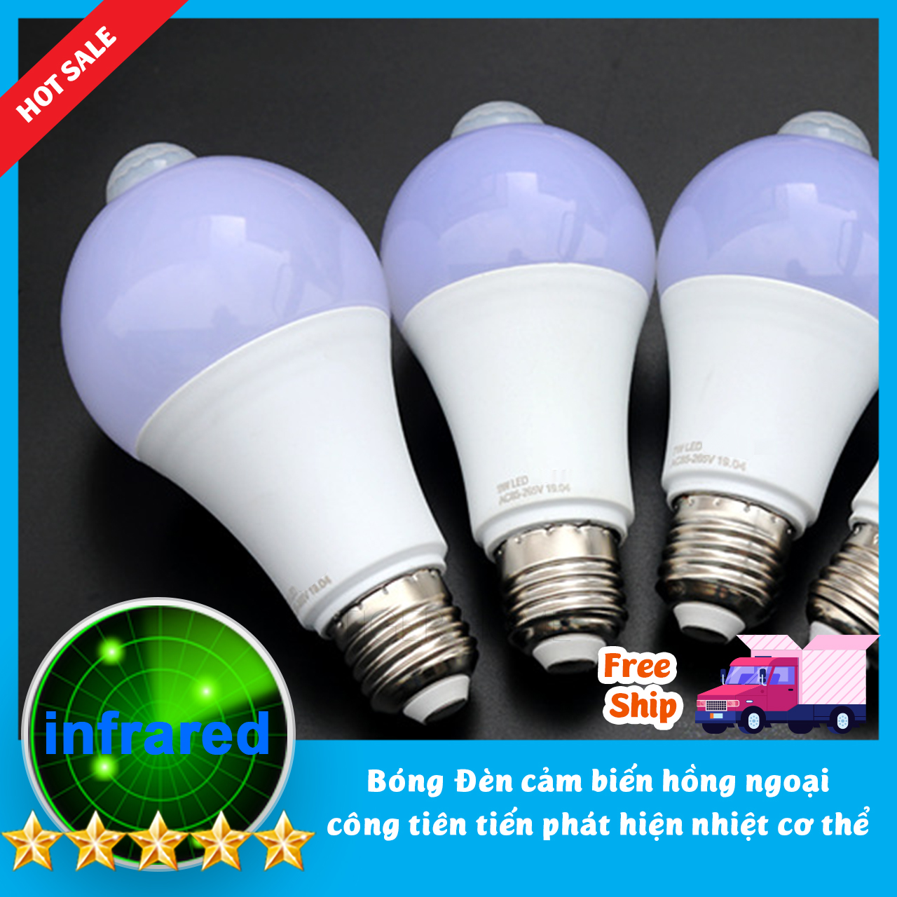 Bóng đèn led Cảm biển chuyển động Thân nhiệt Thiết kế cho thị trường VN Siêu Nhạy 9W, Siêu Tiết Kiệm Độ sáng cao