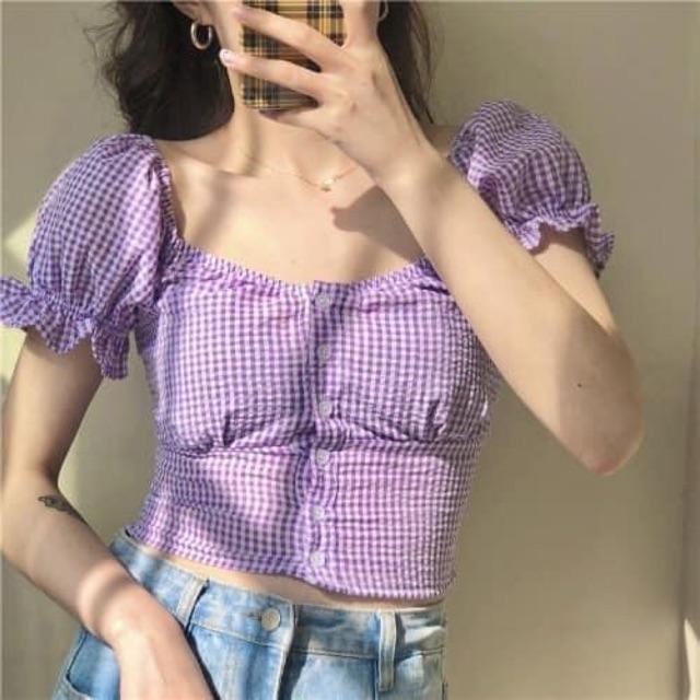 Áo Croptop Caro Cổ Vuông Tay Bồng - Hàng cao cấp kèm ảnh chụp thật