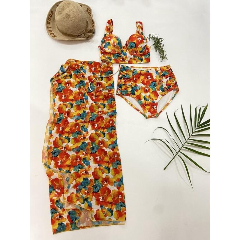 Set bikini 3 món đi biển mút dày hoa tiết hoa lá sang chảnh