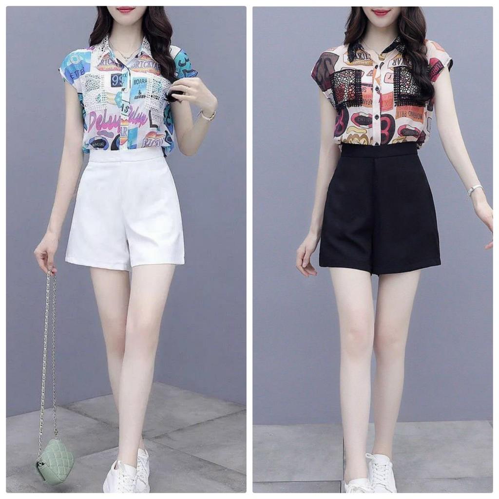 Set bộ quần short áo sơ mi họa tiết phối ren