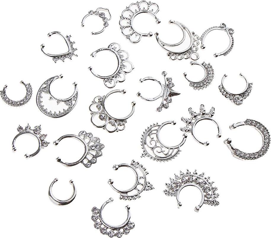 21 Pieces Crystal Fake Septum Clicker Nose Ring Non-piercing Assorted Shape Illusion Piercing Nose Ring Loop