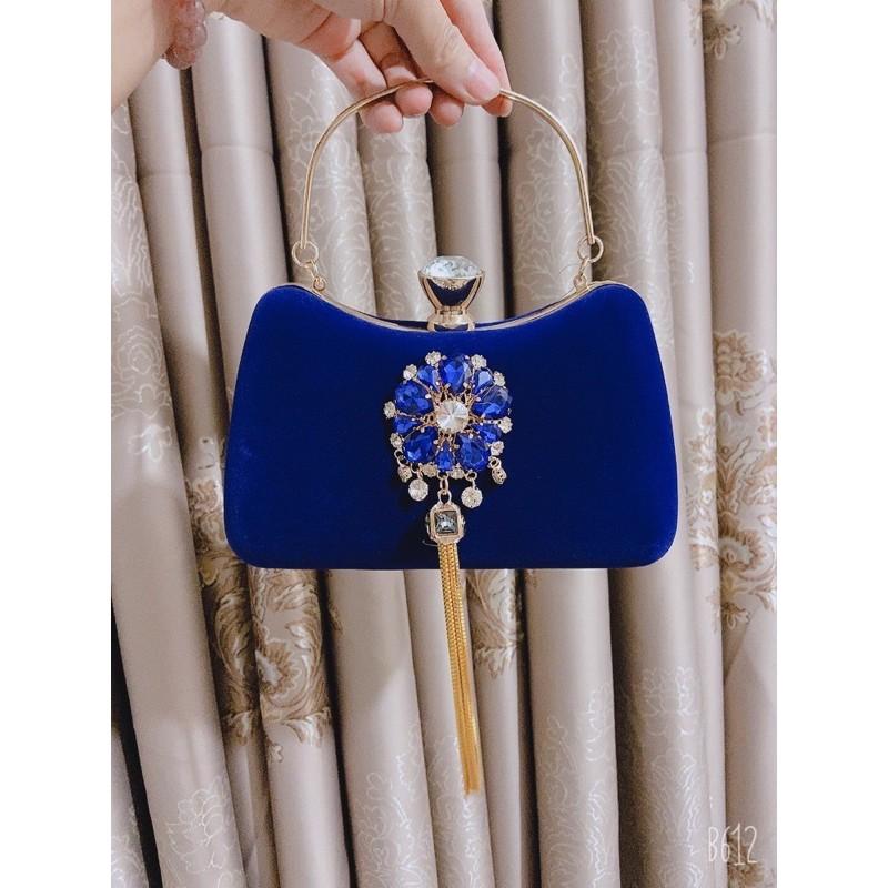 Clutch nhung đính đá tua rua cao cấp-túi nhung đá đi tiệc siêu sang