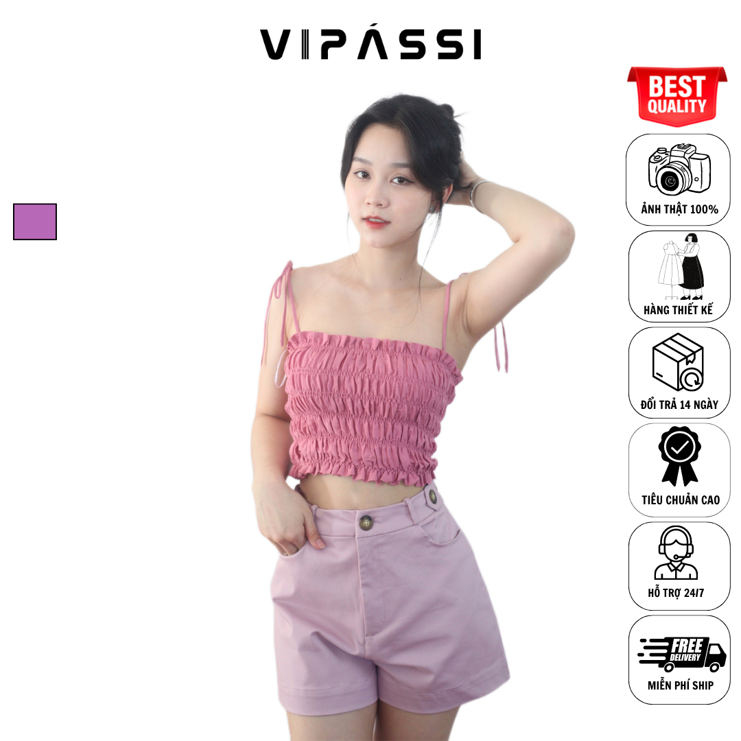 VIPÁSSI Áo Hai Dây Cotton Ôm Body Ngắn Ngang Eo Nhún Thun Smocking Hồng