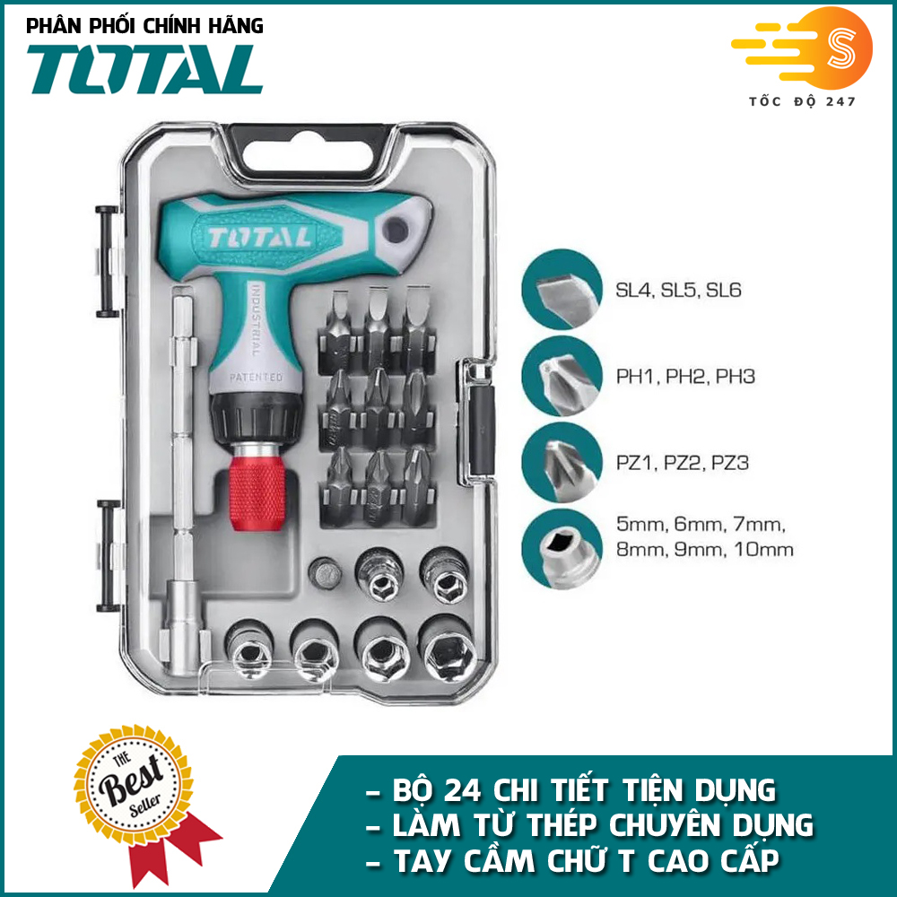 Bộ tua vít 24 chi tiết đa năng TOTAL TACSD30186 - Có hộp đựng, nhỏ gọn, thép chuyên dụng CR-V, tay cầm nhựa chữ T nhám chắc chắn